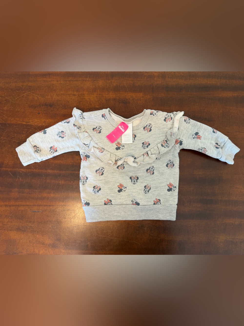 Disney Light Gray Minnie Mouse Ruffle Pullover with Pink Bows